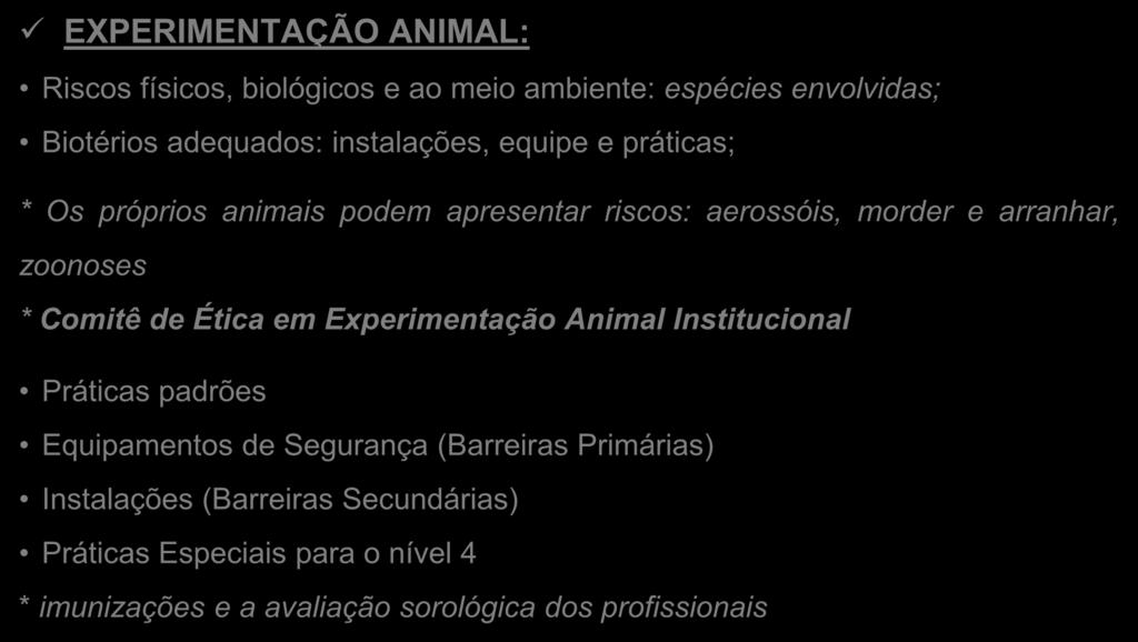 EXPERIMENTAÇÃO ANIMAL: VACINAS E TESTES IMUNODIAGNÓSTICOS Riscos físicos, biológicos e ao meio ambiente: espécies envolvidas; Biotérios adequados: instalações, equipe e práticas; * Os próprios