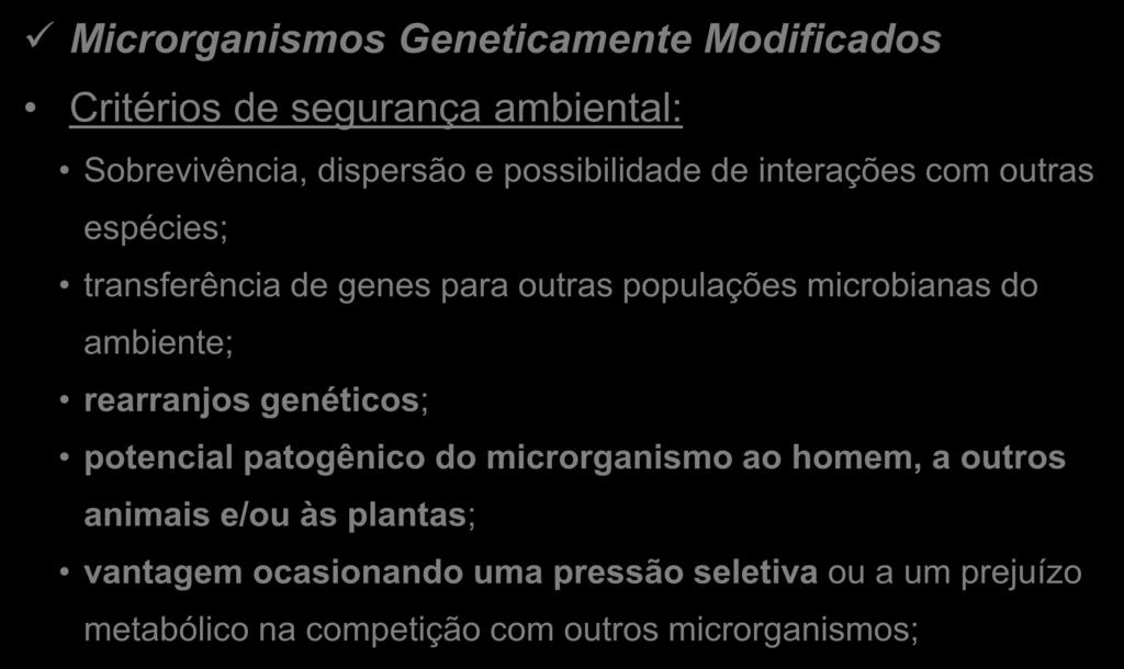 MGM Microrganismos Geneticamente Modificados Critérios de segurança ambiental: Sobrevivência, dispersão e possibilidade de interações com outras espécies; transferência de genes para outras