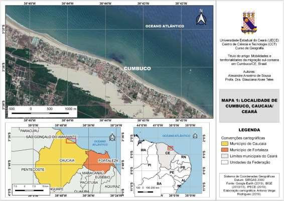 Mapa 1 Localidade de Cumbuco, Caucaia - Ceará Fonte: Google Earth (2019), IBGE (2010) e IPECE (2019). Elaborado por RODRIGUES, Antonio Veiga. 2019.