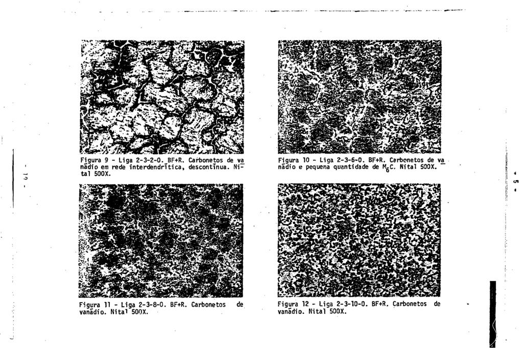 IT» Figura 9 Liga 2320._BF+R. Carbonetos de ya nidio em rede interdendrttica, descontínua. Nital 500X. Figura 10 Liga 2360. BF+R.