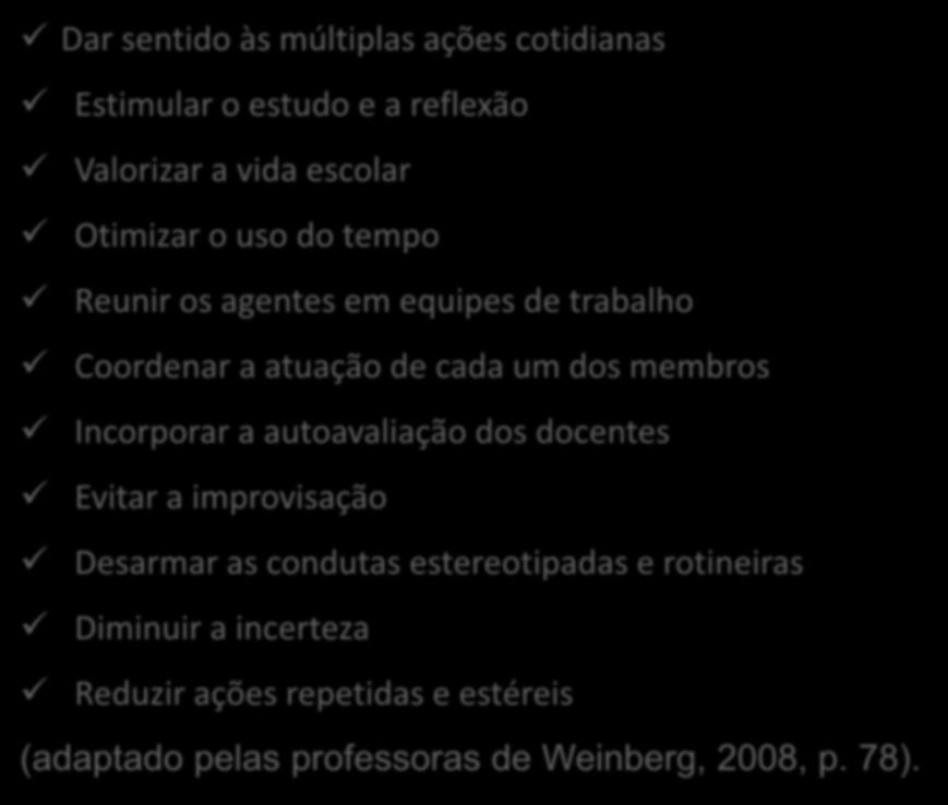 Dar sentido às múltiplas ações cotidianas Estimular o estudo e a reflexão Valorizar a vida escolar Otimizar o uso do tempo Reunir os agentes em equipes de trabalho Coordenar a atuação de cada um dos