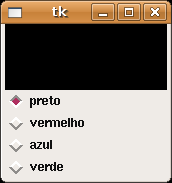 Exemplo from Tkinter import * root=tk() cor = StringVar(root) cor.set("black") l = Label(background=cor.get()) l.pack(fill='both',expand=true) def pinta(): l.configure(background=cor.