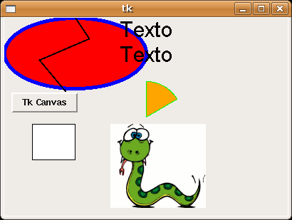 Exemplo from Tkinter import * c = Canvas() c.pack() o = c.create_oval(1,1,200,100,outline="blue",\ width=5,fill="red") widget = Button(text="Tk Canvas") w = c.