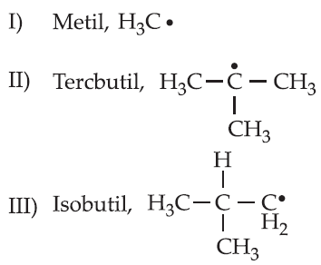 14 Qual dos radicais abaixo é o mais estável? Sugestão: O radical é instável porque o átomo de carbono tem menos de 8 elétrons na camada de valência.