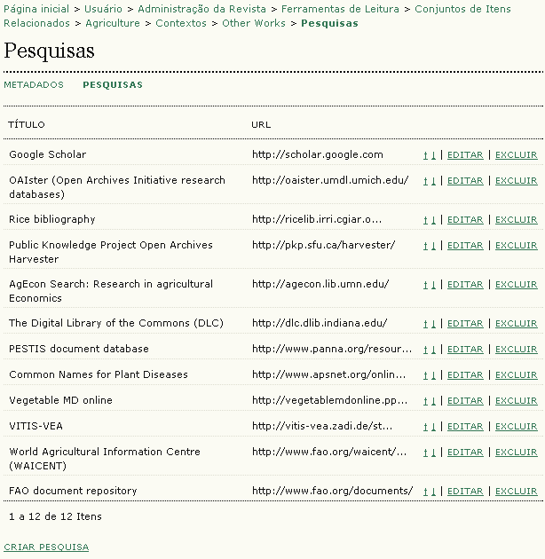 Figura 76: Busca em Bases de Metadados Exportar cria um arquivo em XML dos itens. Excluir remove o item.