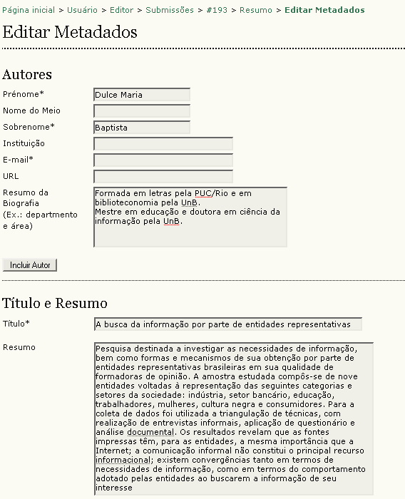 Figura 110: Editando os metadados do artigo É possível, por exemplo, revisar o