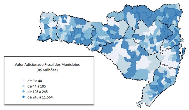 arrecadação do ICMS, 2010. A figura a seguir apresenta o mapa da distribuição do VAF de Santa Catarina, em 2010.