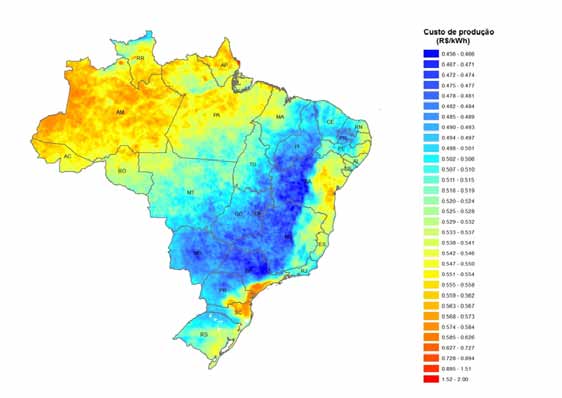 2.4 Mapa do custo de produção da energia solar A partir dos parâmetros relacionados a seguir e dados de irradiação em plano com a inclinação igual à latitude de cada local (mapa da SWERA, com grid de