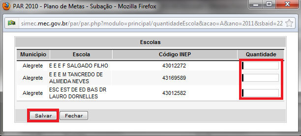 No exemplo abaixo, serão informadas as quantidades para o Conjunto Aluno / CJA-03.