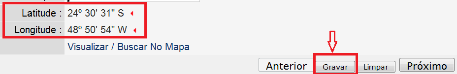 Ao clicar em Definir local neste ponto, os campos latitude e longitude serão automaticamente preenchidos. Deve-se então essas informações.