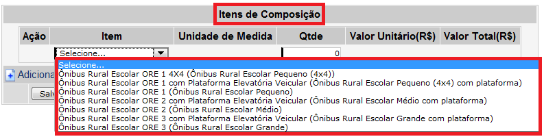 Figura 2 Itens de composição Nessa tela devem ser informados o(s) modelo(s) de ônibus