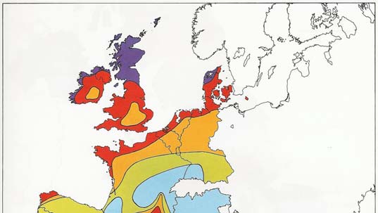 Figura 2.2 Atlas Europeu do Vento obtido para a cota dos m [Troen et al., 1989].