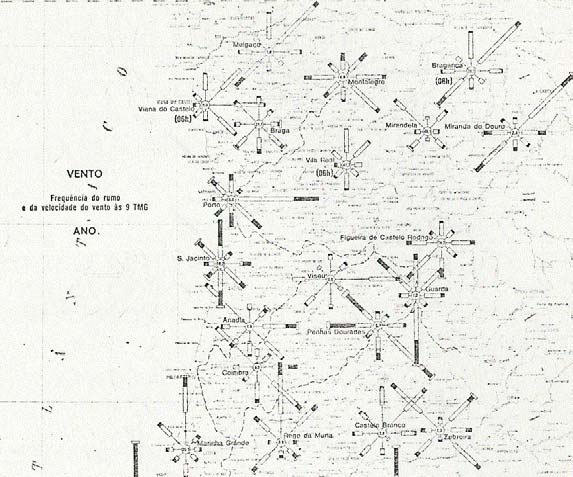 Figura 2.5 Mapa de rosas de vento da rede de estações sinópticas do Instituto de Meteorologia, obtido para o período de 1951 a 19 às 9h TMG. [INMG, S. D.].