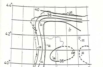 Figura 2.7 Mapa de ventos extremos calculado com base nas estações sinópticas do Instituto de Meteorologia. [Castanheta, 1985].