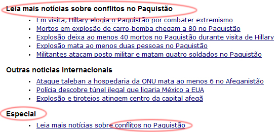 198 Marcos Palacios e Beatriz Ribas Existem matérias com links para outras matérias publicadas pelo cibermeio sobre o mesmo tema? http://www1.folha.uol.com.br/folha/mundo/ult94u644360.