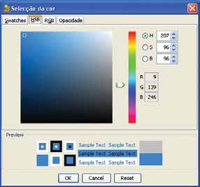 A aba Swatches permite-nos escolher uma das cores que há na paleta de cores. Já a HSB e a RGB nos permite modificar a cor conforme nosso gosto.