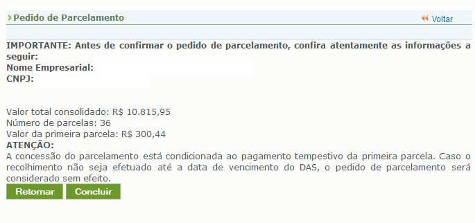 Confira atentamente as informações: valor consolidado, número de parcelas e