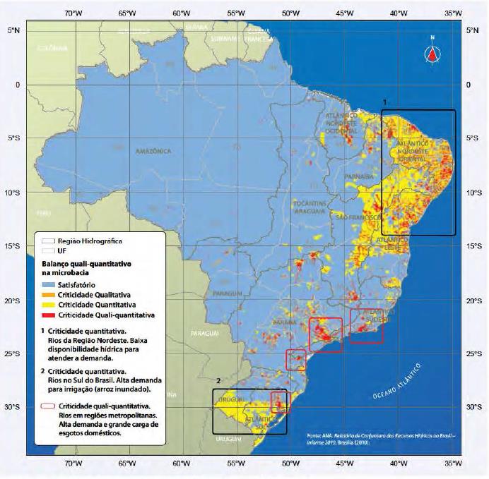 FIGURA 7 CONDIÇÕES DAS BACIAS BRASILEIRAS SEGUNDO CRITICIDA- DE QUALI-QUANTITATIVA FONTE: ANA (2013) Fica evidente que as bacias onde se localizam as regiões metropolitanas apresentam criticidade