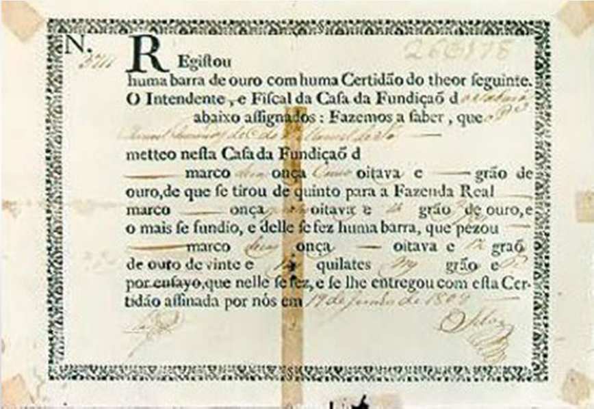 Documento que acompanhava cada uma das barras de ouro produzidas nas Casas de