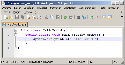 Salve o arquivo na pasta que foi criada anteriormente com o mesmo nome da classe do programa, no caso, HelloWorld e com a