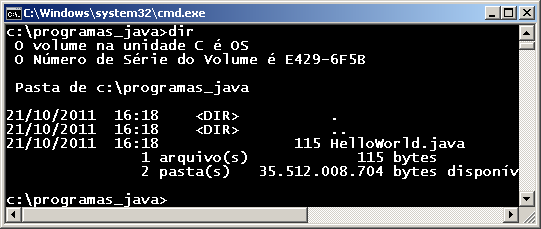 Em seguida, navegue até a pasta criada através do prompt do MS-DOS com o comando cd c:\programas_java: e em seguida digite o