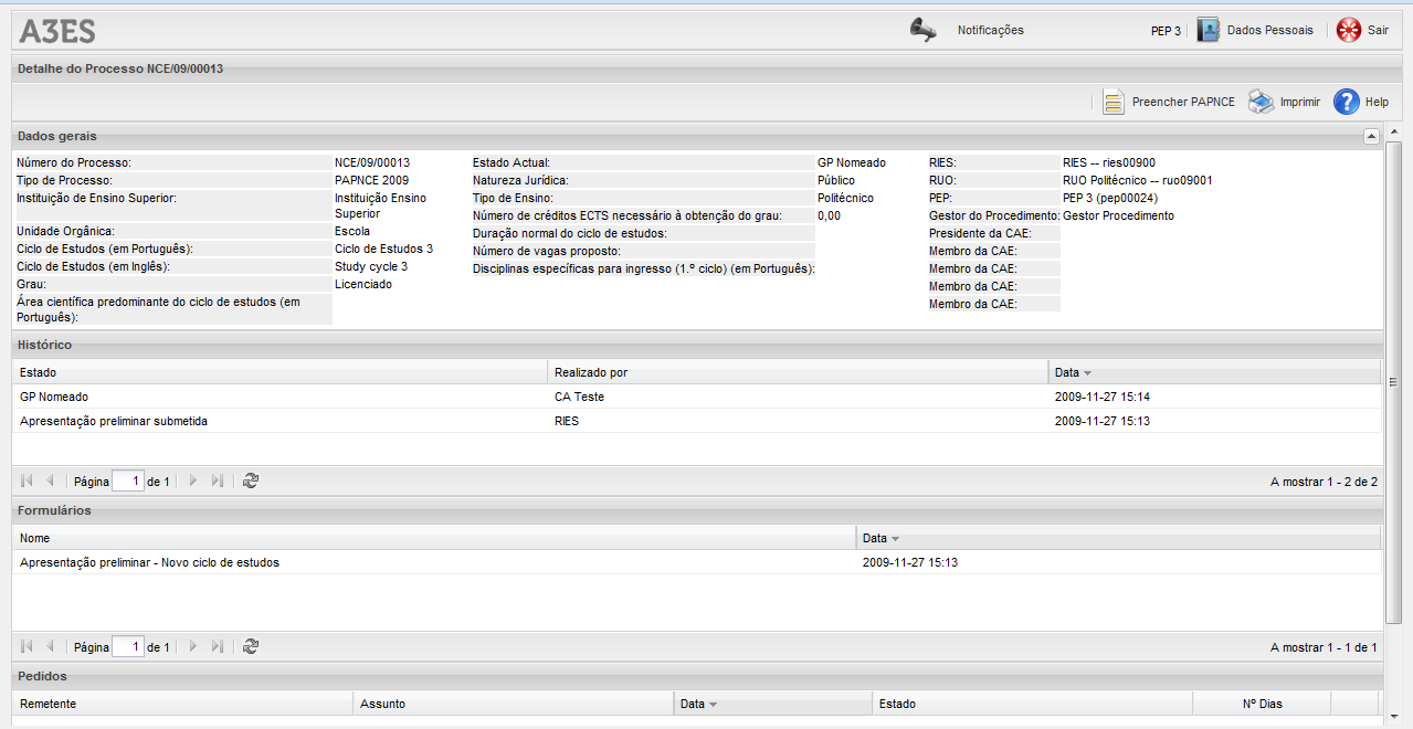Ilustração 39 Página de Detalhe do Processo 6.3.3. Carregando no botão Preencher PAPNCE (exclusivo para a PEP) entra-se no pedido de acreditação de modo a proceder ao seu preenchimento ( 6.3.4.