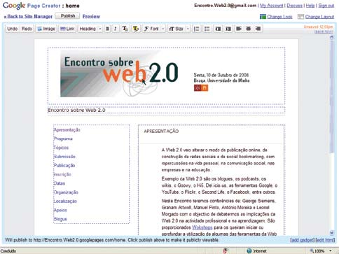 Ferramentas Google: Page Creator, Docs e Calendar - Célio Gonçalo Marques hiperligações, etc.