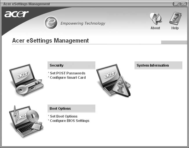 7 Empowering Technology Acer enet Management (para modelos seleccionados) O Acer enet Management ajuda-o a ligar-se fácil e rapidamente a redes com ou sem fios numa grande variedade de localizações.