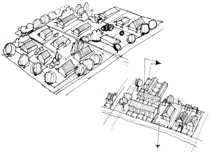 Redução do modelo de assentamento jardim: o sobrado geminado Modelo de quadra-jardim, que representa baixa densidade habitacional.