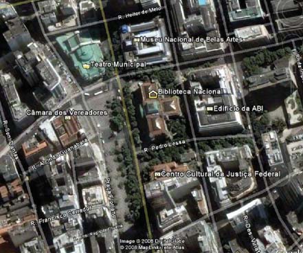 Arredores do prédio da BN na região central da cidade do Rio de Janeiro. (Fonte: Google Maps, em <http://maps.google.com.br>).