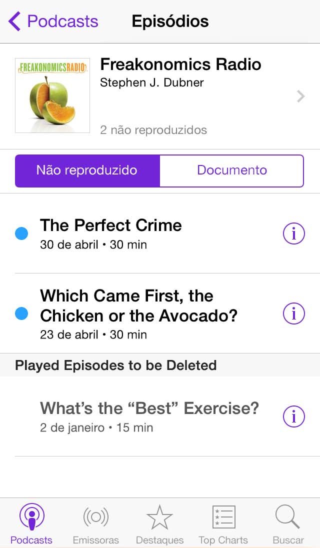 Ouvir uma prévia ou transmitir um episódio: Toque no podcast, em seguida, toque em um episódio. Visualize os episódios não reproduzidos. Visualize os episódios disponíveis.