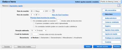 Capítulo 5: Agendando uma reunião O que você pode fazer nesta página Definir a data e a hora da reunião Definir a duração da reunião Selecionar quantos minutos antes do início da reunião os