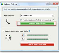 Capítulo 8: Usando o WebEx Audio 1) Abra a caixa de diálogo de Conferência de Áudio na página de Início Rápido sua lista de participantes o menu Áudio.