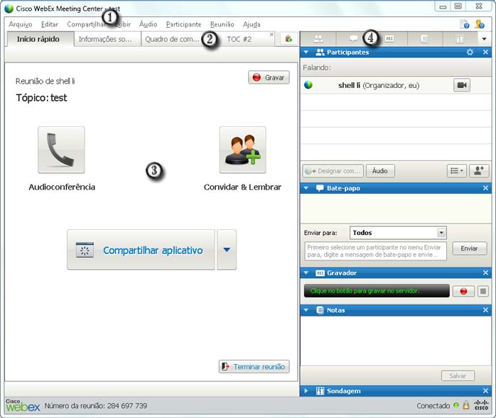 Capítulo 2: Organizando e Gerenciando uma reunião Suporte para leitor de tela Cisco WebEx oferece suporte ao software JAWS para leitura de tela dos seguintes elementos: Menus do aplicativo e menus