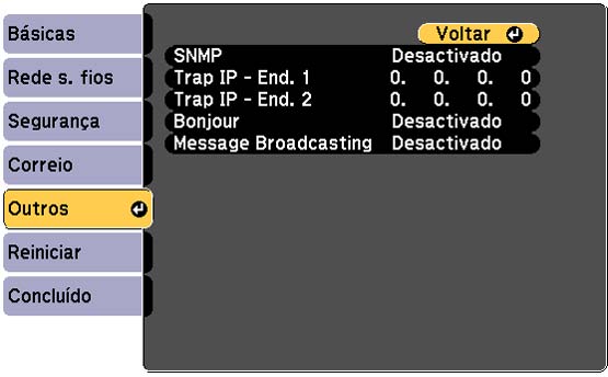 4. Selecione o menu Outros e pressione Enter. 5. Digite até dois endereços de IP para receber notificações SNMP, usando 0 a 225 para cada campo de endereço.