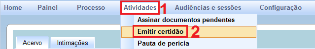 j.2) Emitindo certidões Para emitir certidões negativas de ações trabalhistas ou de débitos trabalhistas 6, acesse o sistema (letra c ) e, no menu superior, clique em Atividades (fig.