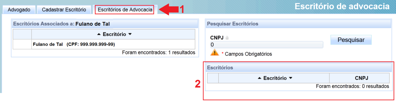 Preencha, ao menos, os campos marcados ( * ) com os dados solicitados do escritório (fig. abaixo; número 2). A seguir, pressione o botão Inserir (fig. abaixo; seta 3). j.