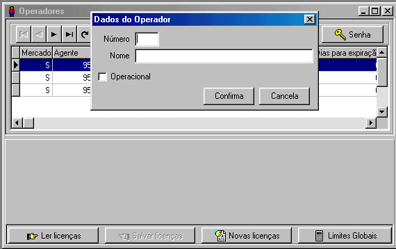 Cadastro Para cadastrar um novo operador, clica-se na caixa novo e o sistema devolve a janela a seguir: O administrador atribui um número de 1 a 97 ao Operador, informa seu nome, marca o campo