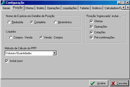 Configuração de Posição As opções marcadas nessa janela