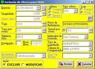 O operador deverá selecionar a ação excluir para liberar a caixa excluir, que deverá ser ativada; b) dar um clique simples na oferta desejada e pressionar a tecla delete.