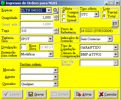 Após preencher as características da ordem, o operador deverá pressionar o botão ativar para que a ordem seja imediatamente liberada.