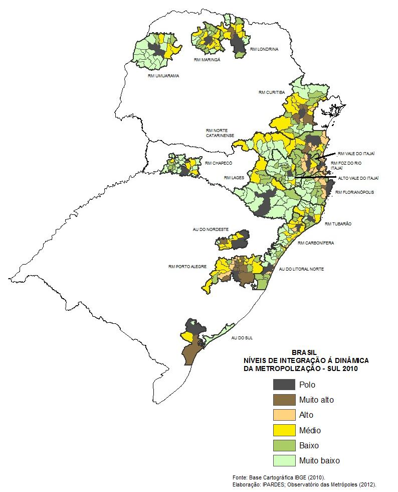 Mapa 2 Níveis de integração na Região Sul Na Região Centro-Oeste, há duas Regiões Metropolitanas, Vale do Rio Cuiabá e Goiânia, e a RIDE do Distrito Federal.