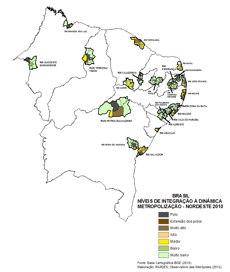 Além disso, as 3 metrópoles do Nordeste apresentam em torno de 80% de seus municípios entre os níveis muito alto, alto e médio de integração.