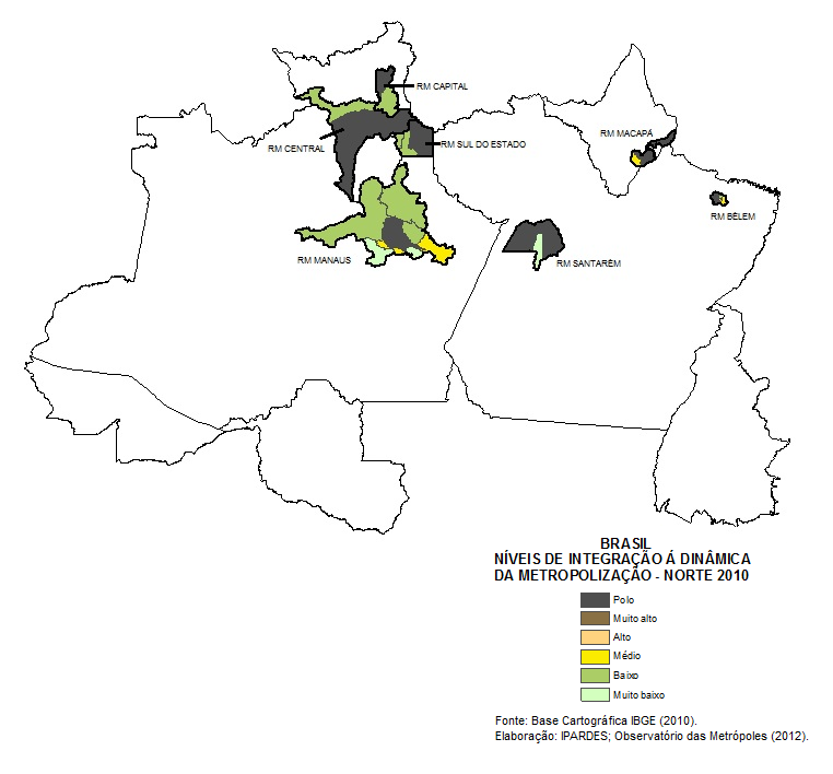 Na Região Norte, as RMs de Manaus e Belém apresentam natureza metropolitana, porém com 70% dos municípios nos níveis médio, baixo e muito baixo.