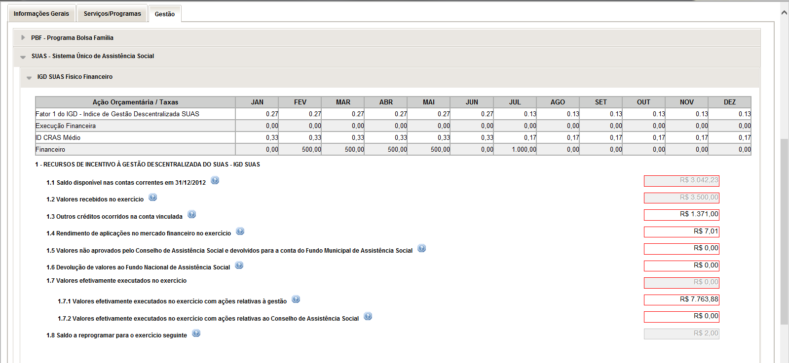 A SEÇÃO IGD SUAS FÍSICO-FINANCEIRO Nesta seção será visualizado o formulário de preenchimento das informações referentes às receitas e gastos do IGD SUAS.