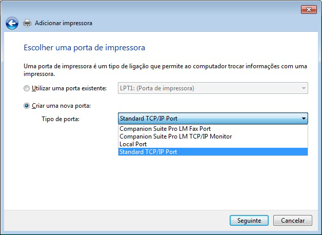 c. Adicionar uma impressora local c d. Criar uma nova porta.
