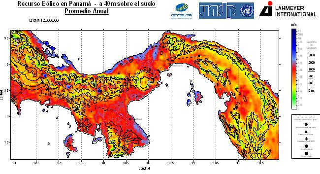 eólica participa desse planejamento com 167,4 MW de empreendimentos que obtiveram licença provisória. A Figura 21.48 apresenta o mapa de potencial do Panamá. Figura 21.48: Mapa do potencial eólico do Panamá a 40 m do solo.