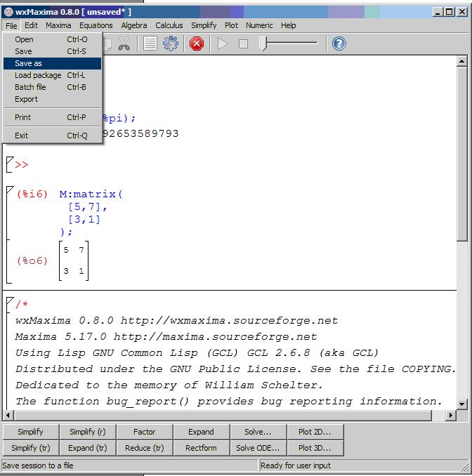 1.5 Aprendendo a Guardar Se, após a realização de operações na interface do wxmáxima, pretendemos voltar a utilizar o trabalho, devemos