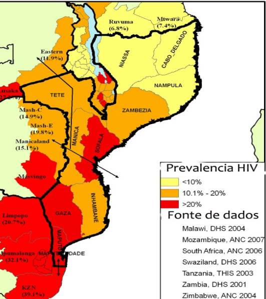 c) Mobilidadee migração: A prevalência maiselevada do HIV em mulheres grávidas foi encontrada nos corredores de alta mobilidade, nomeadamente Lichinga Pemba, Corredor de Nacala, Quelimane Milange,