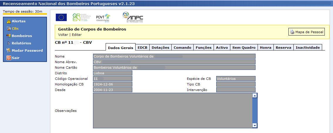 Os separadores Comando, Funções, Ativo, Sem quadro, Honra, Reserva e Inatividade não são editáveis, possuem uma função meramente informativa, sendo possível em